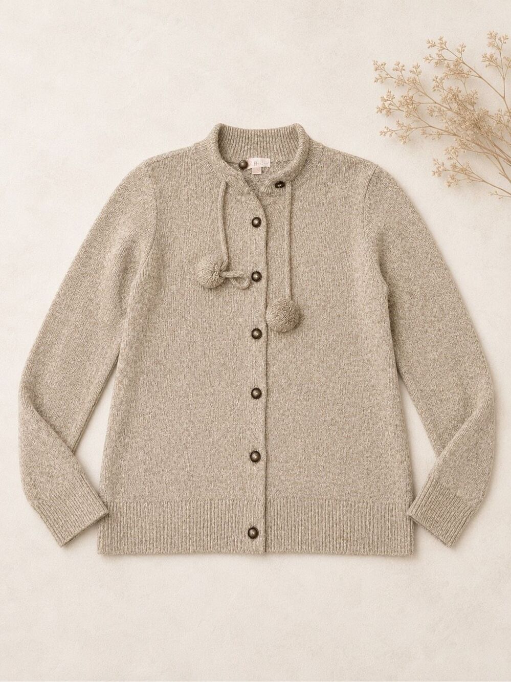 Belle by Kim Gravel Let’s Get Cozy Pom Pom Cardigan Sweater Beige Tan Large nwot
